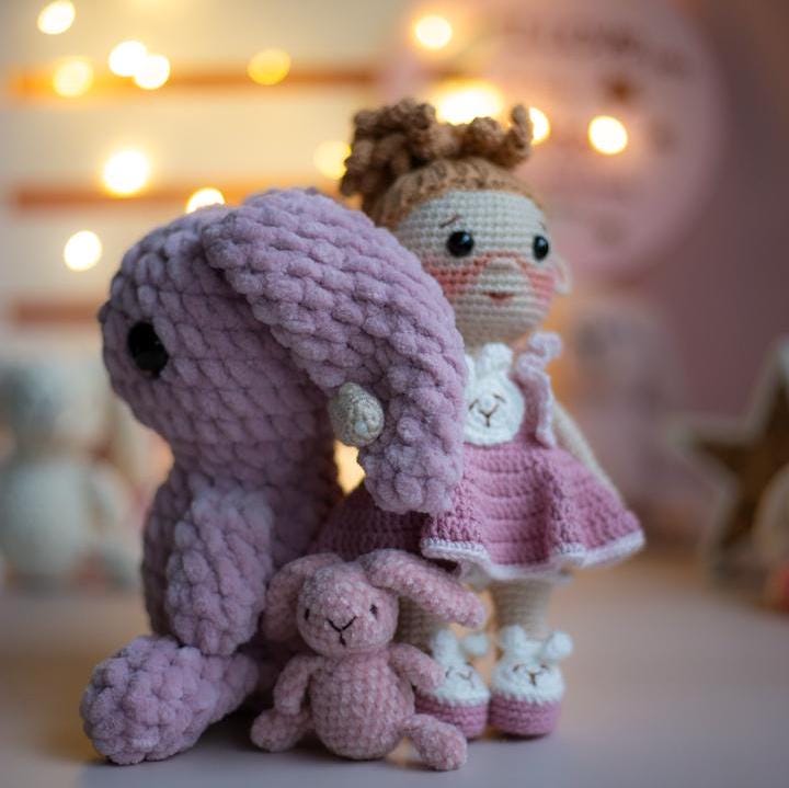 Amigurumi Crochet Doll. Baby Girl with Bunny. Crochet Pattern in PDF.