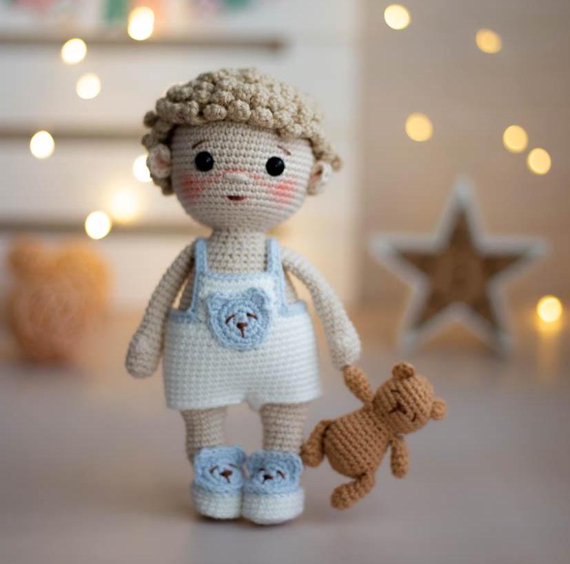 Amigurumi Crochet Baby Boy with Bear. Crochet Pattern in PDF