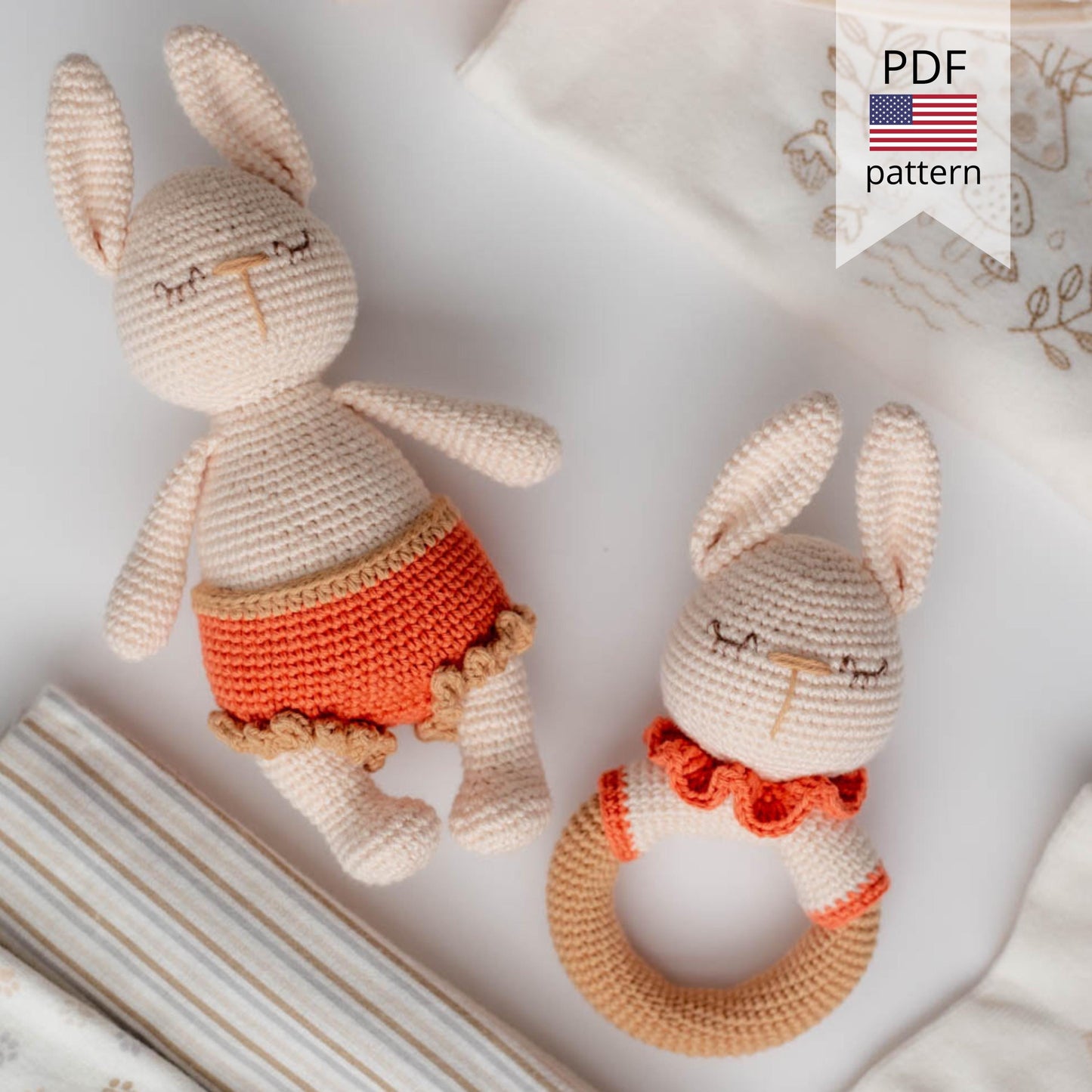 Amigurumi Crochet Bunnies - Crochet Toy and Rattle. Crochet Pattern in PDF