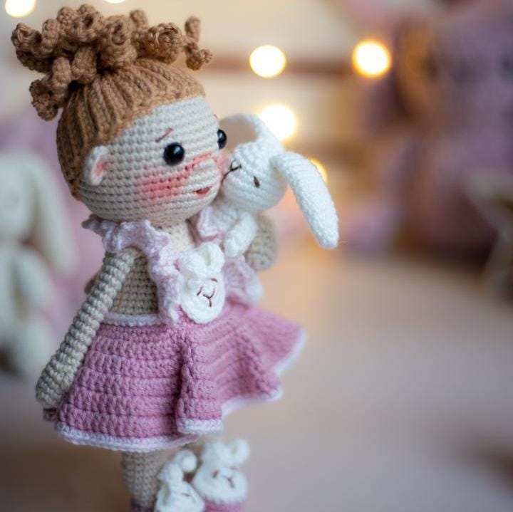 Amigurumi Crochet Doll. Baby Girl with Bunny. Crochet Pattern in PDF.