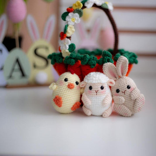 Amigurumi Crochet Easter Basket with Bunny, Sheep & Chicken. Crochet Pattern in PDF