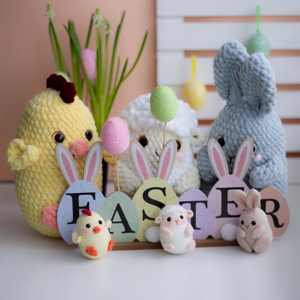 Amigurumi Crochet Easter Bunny, Sheep, Chicken. Crochet Pattern in PDF