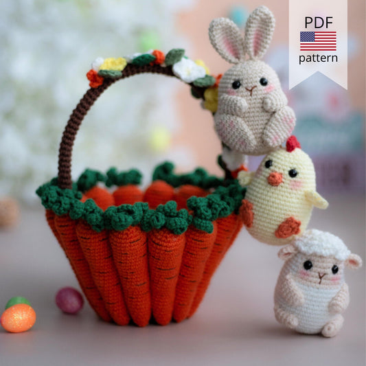 Amigurumi Crochet Easter Basket with Bunny, Sheep & Chicken. Crochet Pattern in PDF