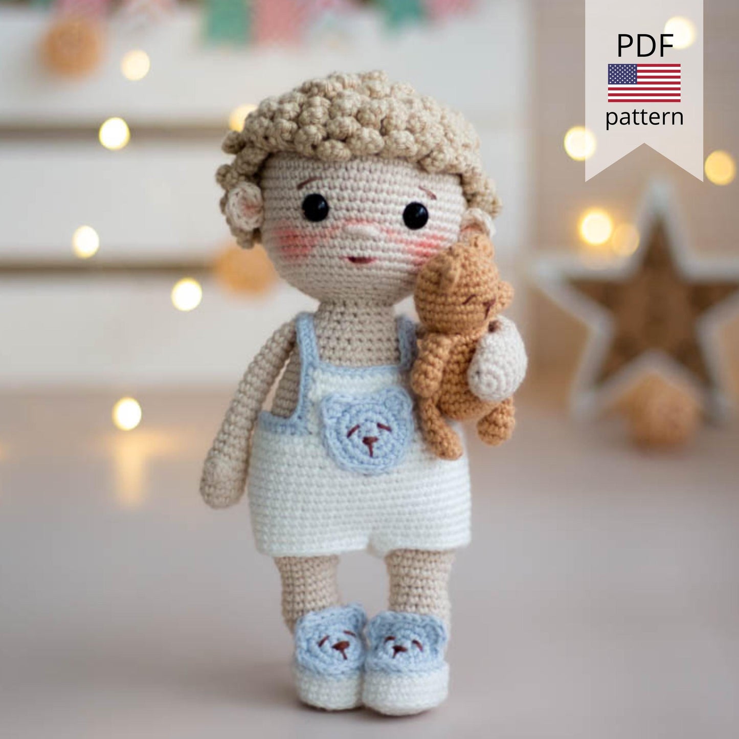 Amigurumi Crochet Baby Boy with Bear. Crochet Pattern in PDF