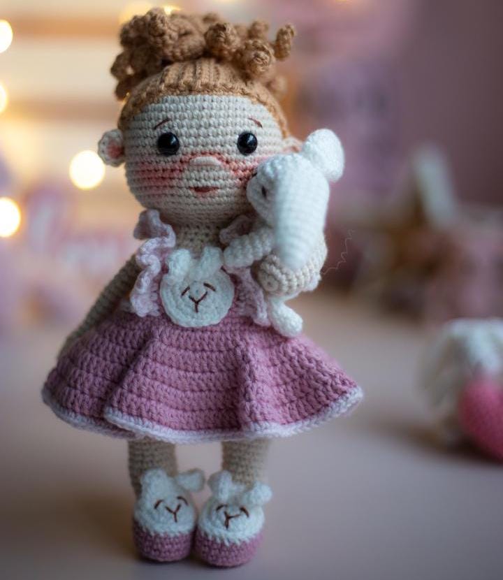 Amigurumi Crochet Doll. Baby Girl with Bunny. Crochet Pattern in PDF.