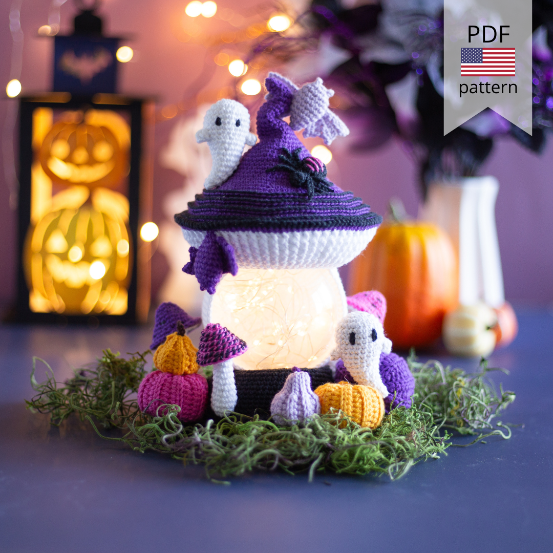 Crochet Halloween Mushroom with Bats, Ghosts and Pumpkins. Original Halloween Home Decorations.