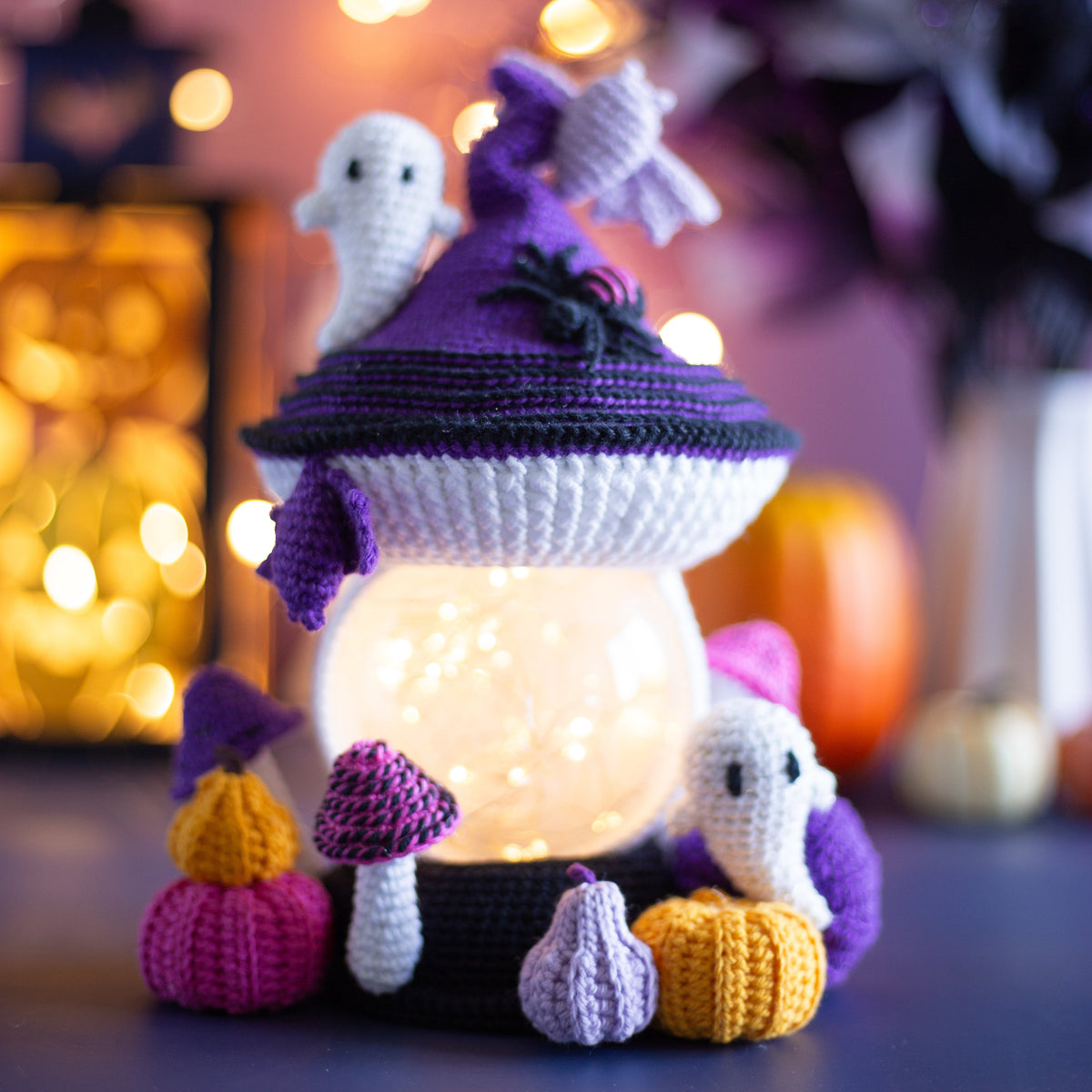 Crochet Halloween Mushroom with Bats, Ghosts and Pumpkins. Original Halloween Home Decorations.