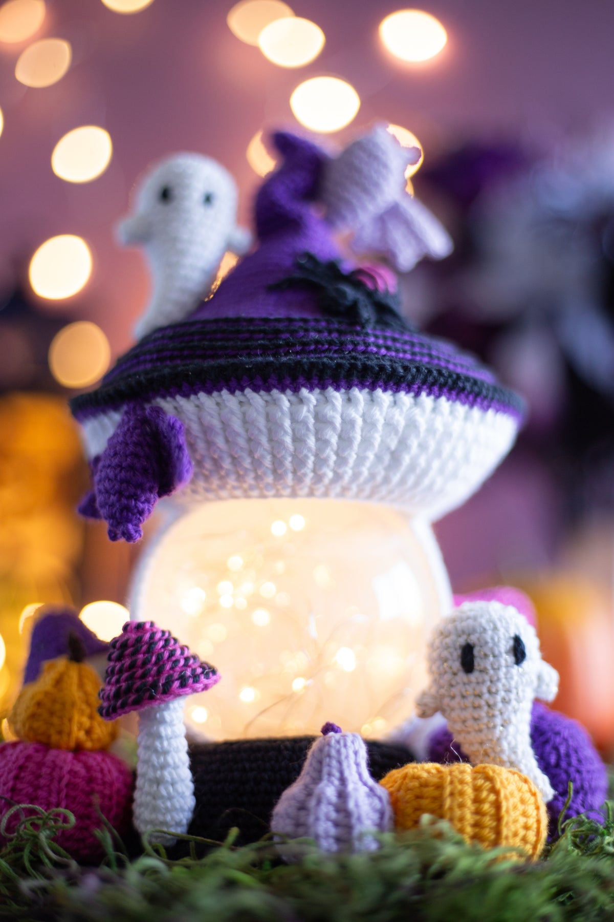 Crochet Halloween Mushroom with Bats, Ghosts and Pumpkins. Original Halloween Home Decorations.