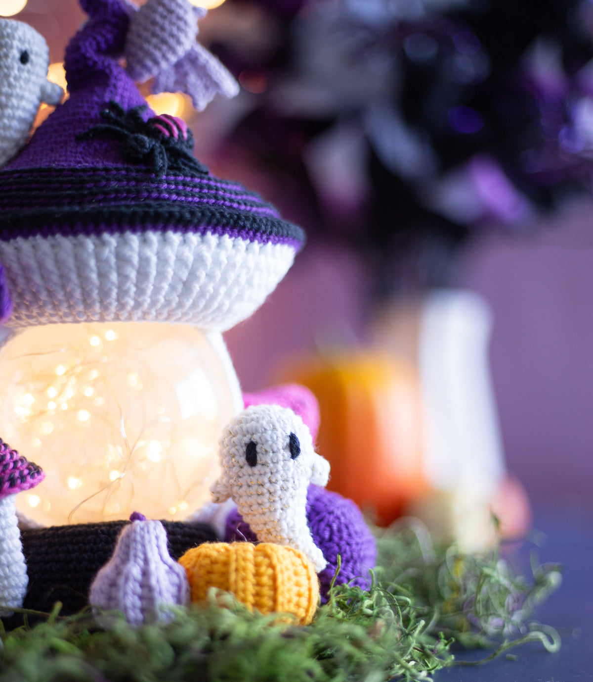 Crochet Halloween Mushroom with Bats, Ghosts and Pumpkins. Original Halloween Home Decorations.