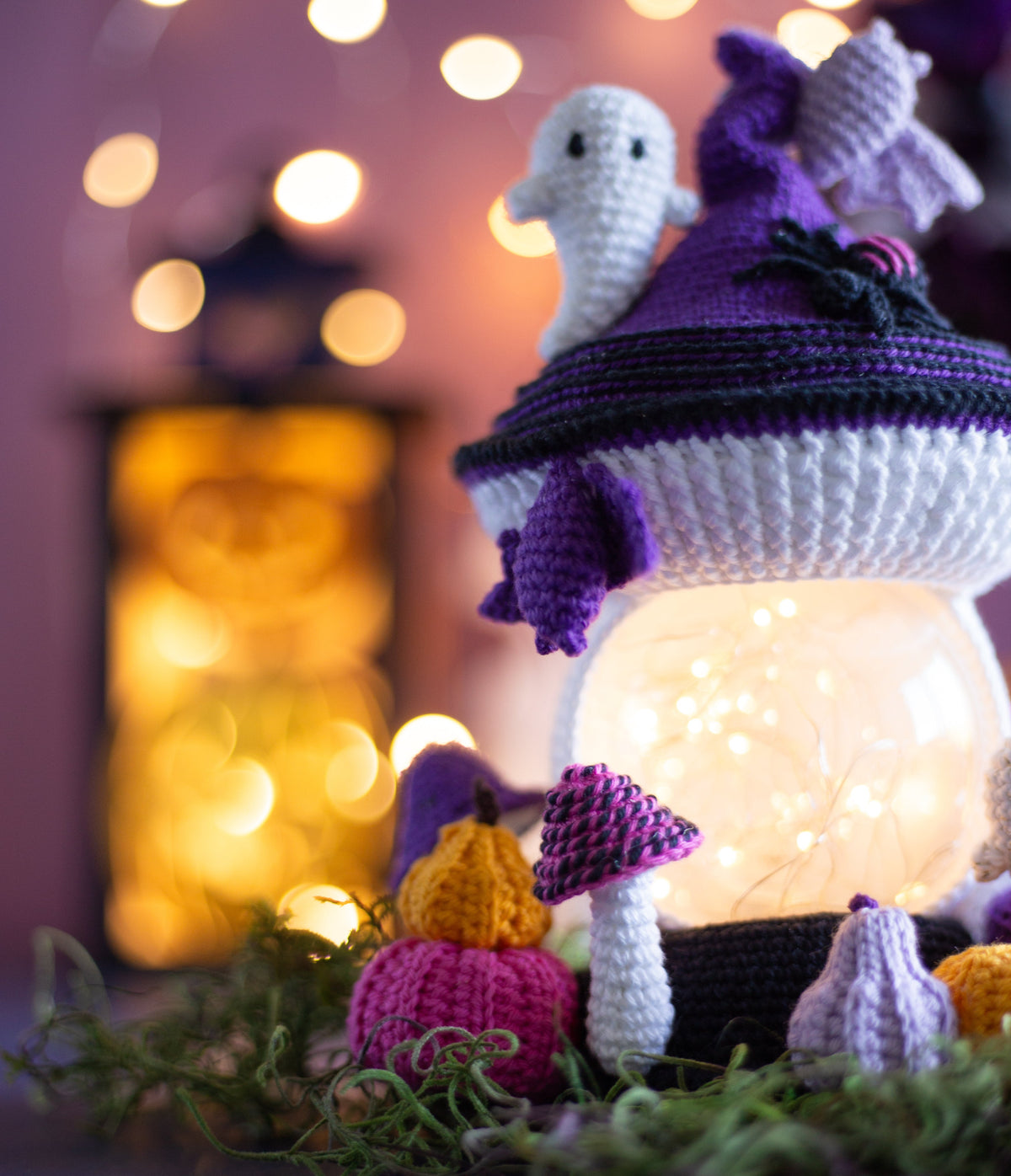 Crochet Halloween Mushroom with Bats, Ghosts and Pumpkins. Original Halloween Home Decorations.