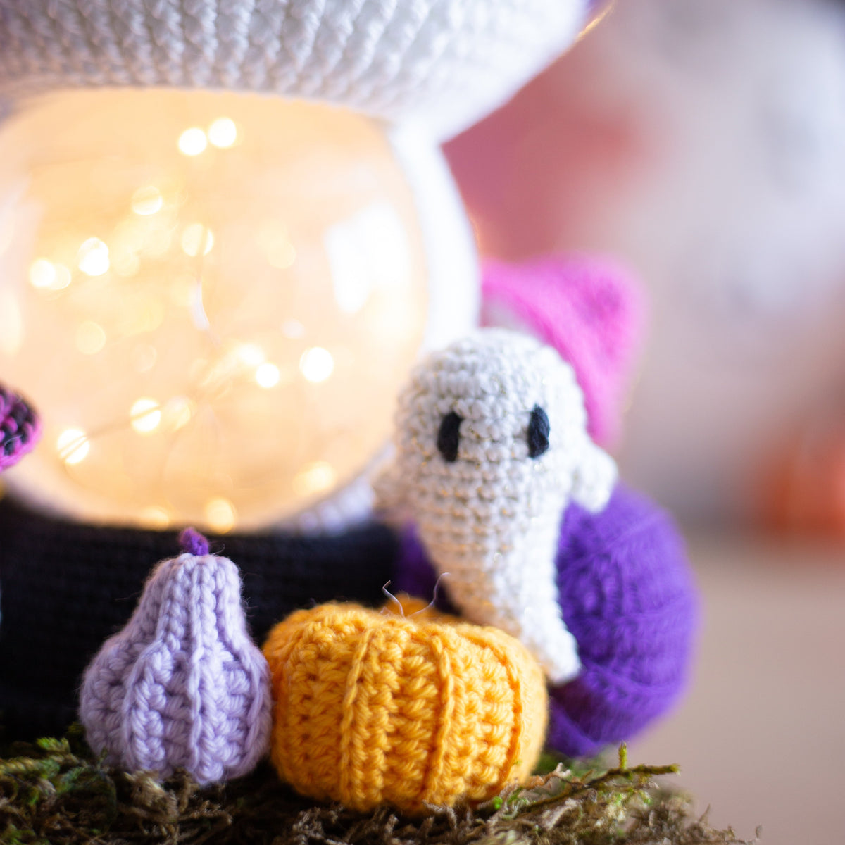 Crochet Halloween Mushroom with Bats, Ghosts and Pumpkins. Original Halloween Home Decorations.