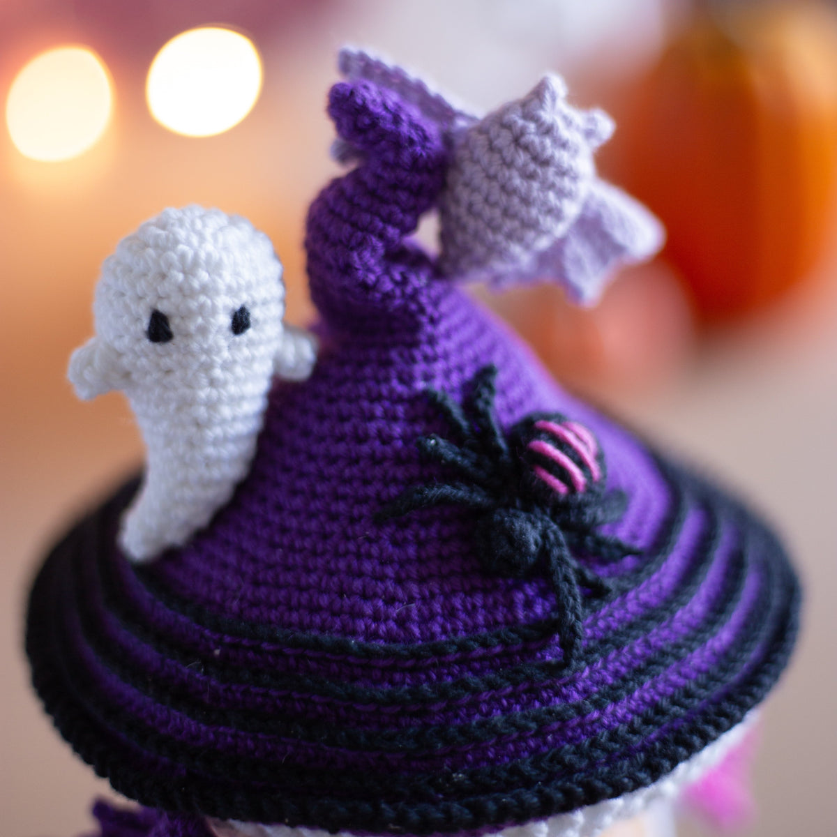 Crochet Halloween Mushroom with Bats, Ghosts and Pumpkins. Original Halloween Home Decorations.