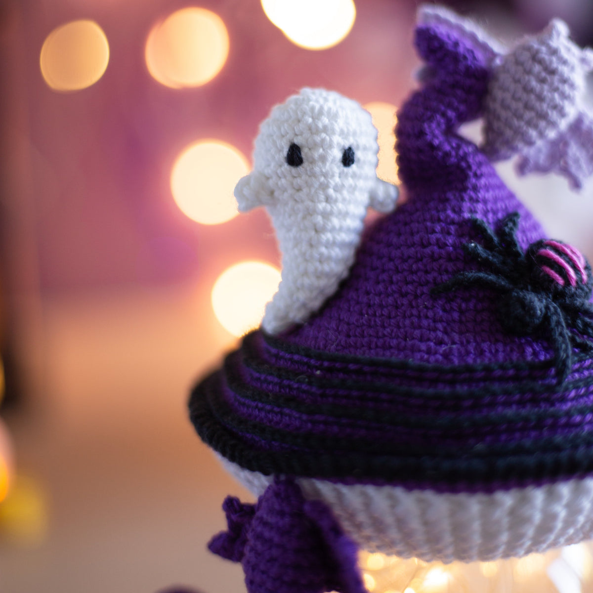 Crochet Halloween Mushroom with Bats, Ghosts and Pumpkins. Original Halloween Home Decorations.