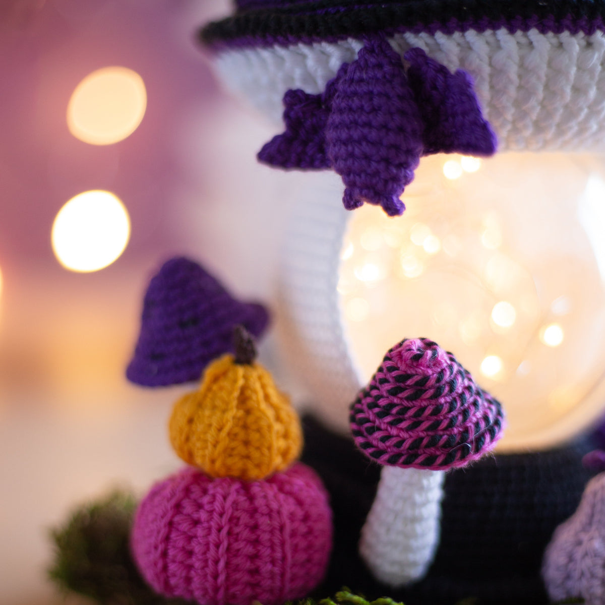 Crochet Halloween Mushroom with Bats, Ghosts and Pumpkins. Original Halloween Home Decorations.