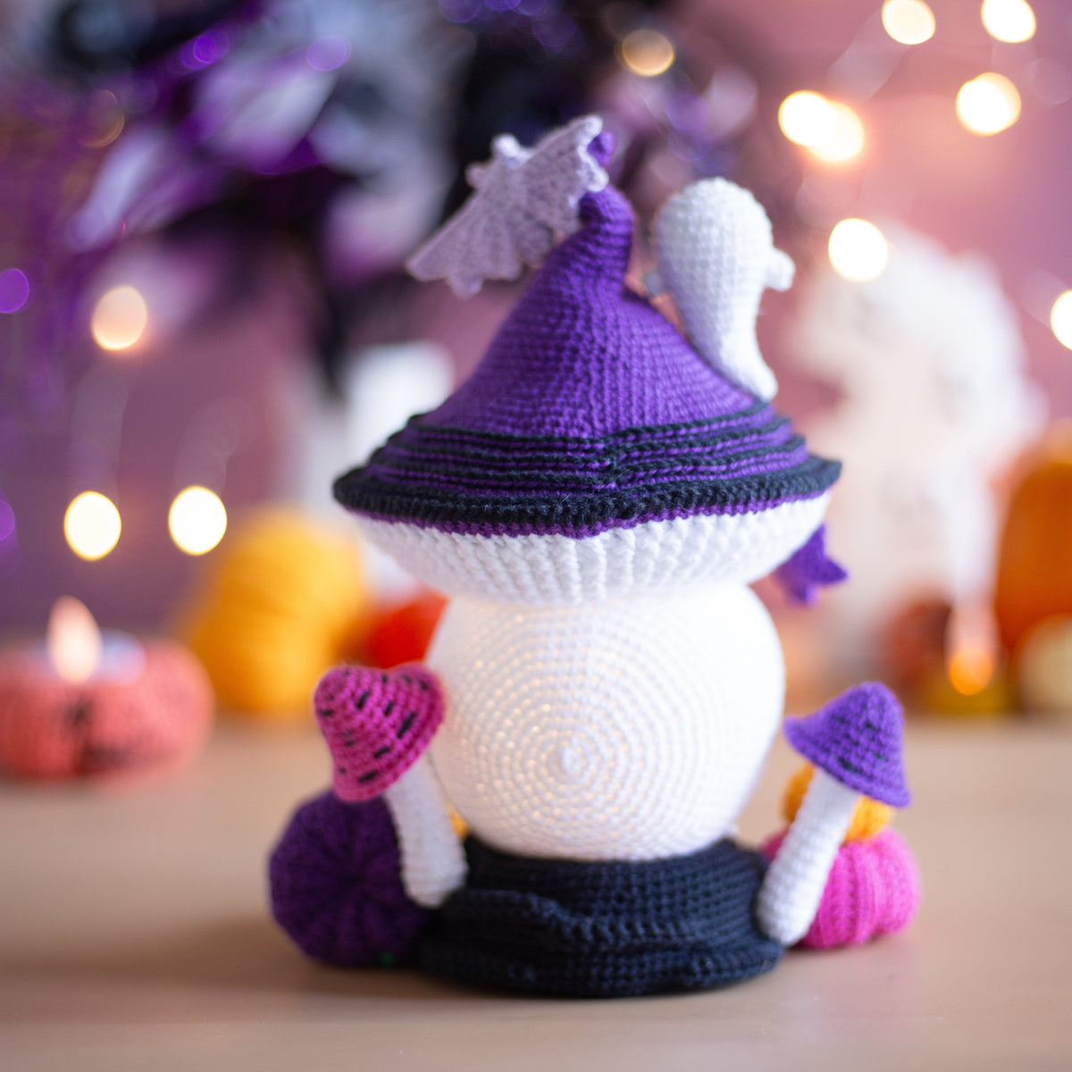 Crochet Halloween Mushroom with Bats, Ghosts and Pumpkins. Original Halloween Home Decorations.
