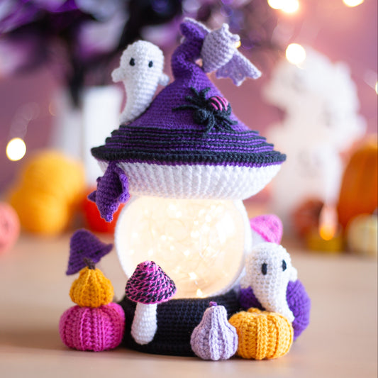 Crochet Halloween Mushroom with Bats, Ghosts and Pumpkins. Original Halloween Home Decorations.