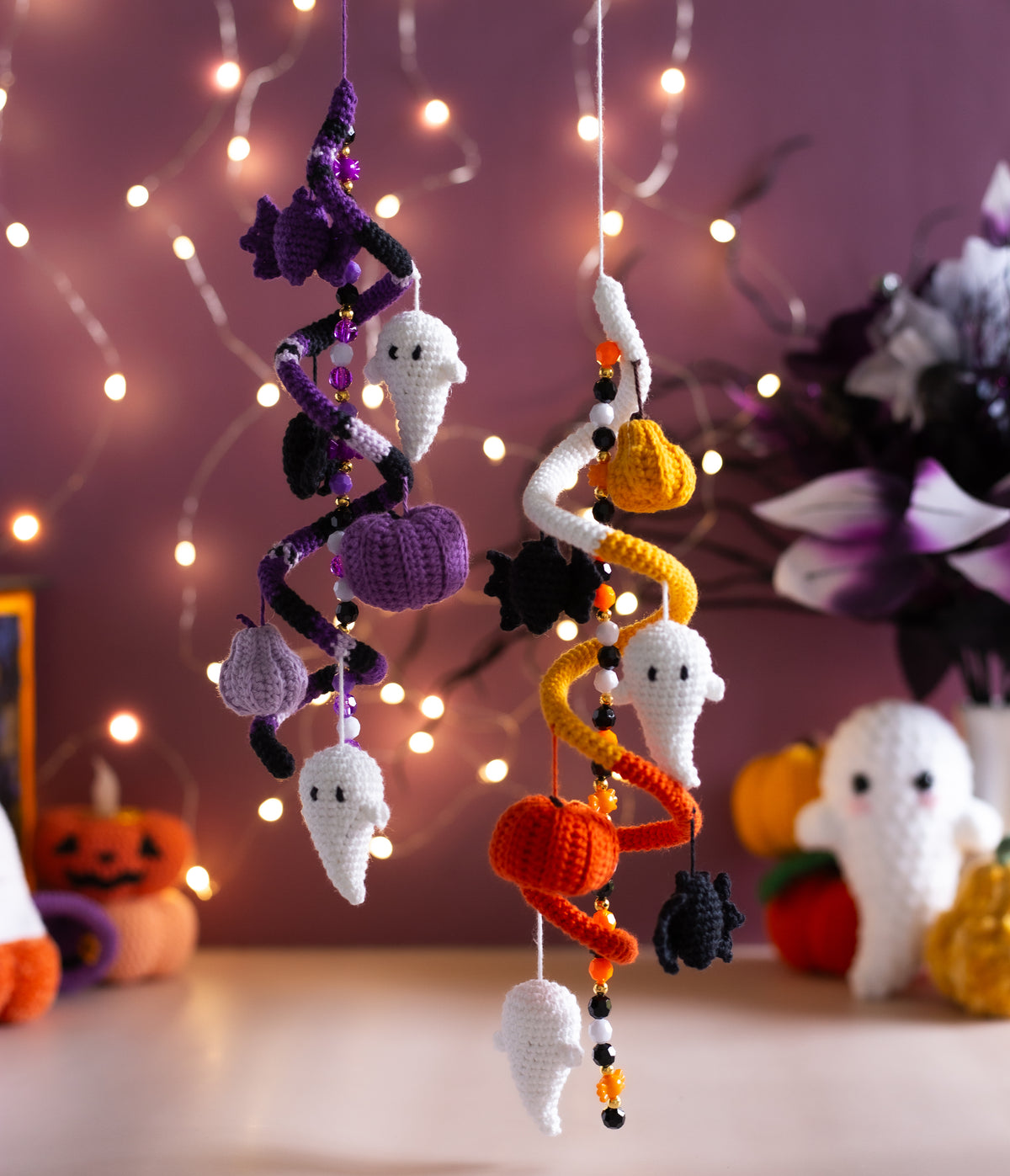 Crochet Halloween Mushroom with Bats, Ghosts and Pumpkins. Original Halloween Home Decorations.
