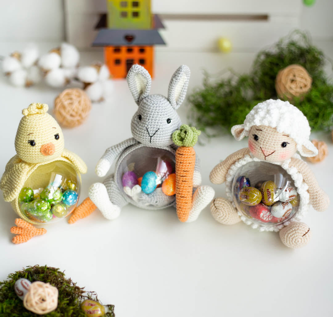 Amigurumi Crochet Easter Bunny, Sheep and Chicken. Crochet patterns in PDF