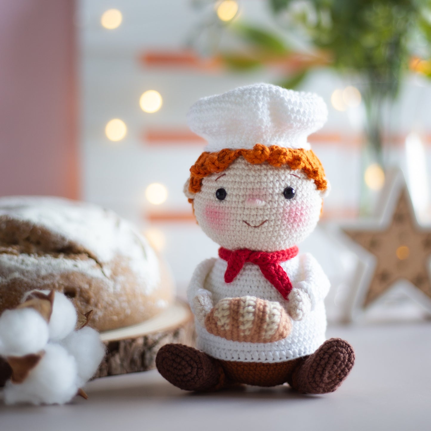Amigurumi Baker with croissant and bread. Crochet pattern in PDF