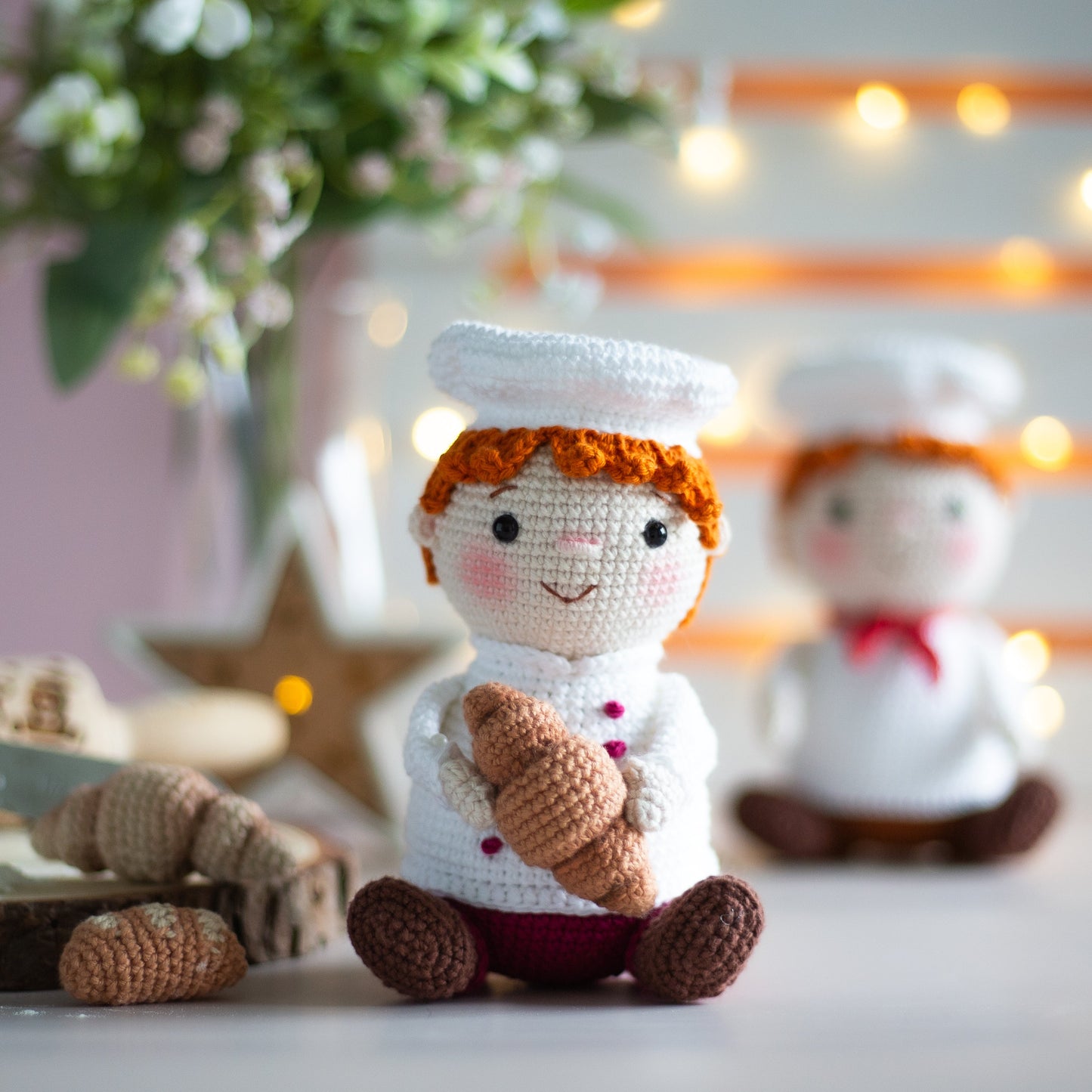Amigurumi Baker with croissant and bread. Crochet pattern in PDF