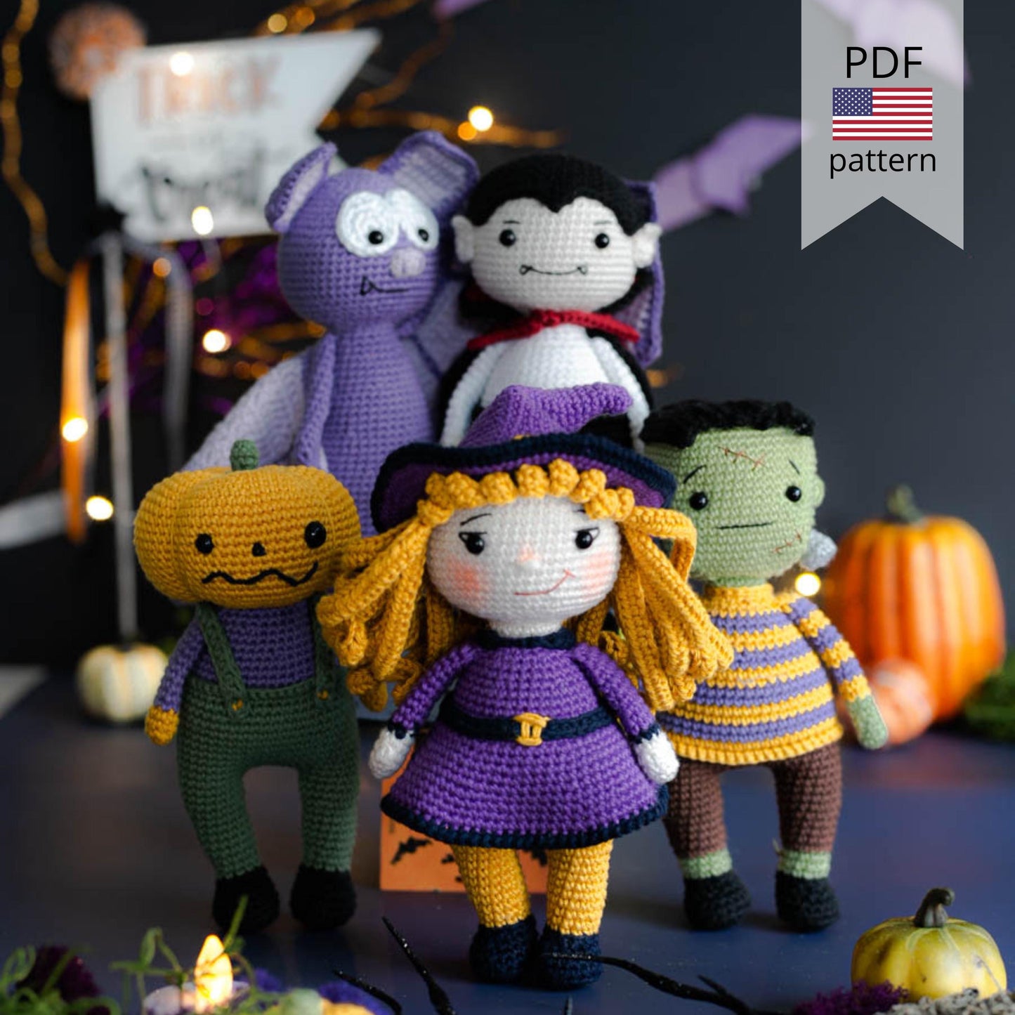 Amigurumi Crochet Halloween Toys - Pumpkin, Wich, Bat, Dracula and  Frankenstein. Crochet Patterns in PDF