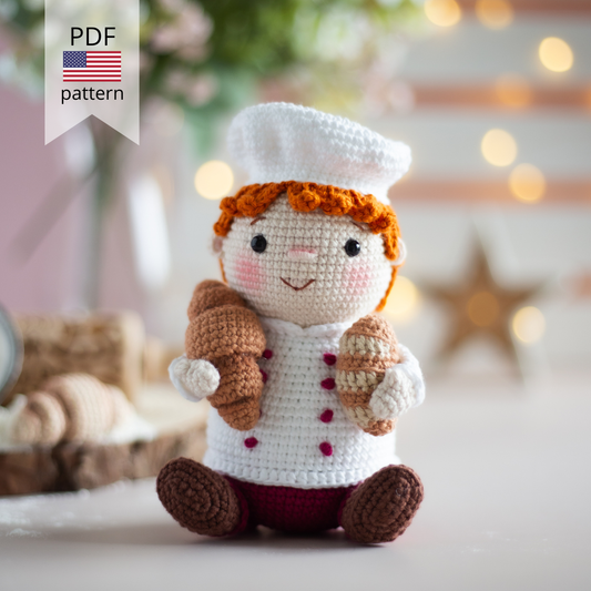 Amigurumi Baker with croissant and bread. Crochet pattern in PDF