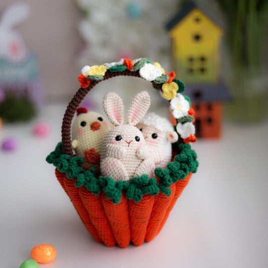 Amigurumi Crochet Easter Basket with Bunny, Sheep & Chicken. Crochet Pattern in PDF
