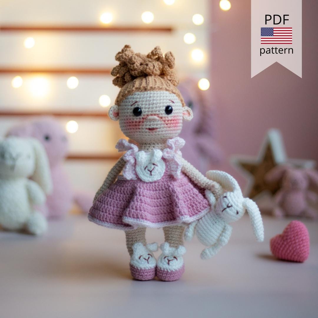 Amigurumi Crochet Doll. Baby Girl with Bunny. Crochet Pattern in PDF.