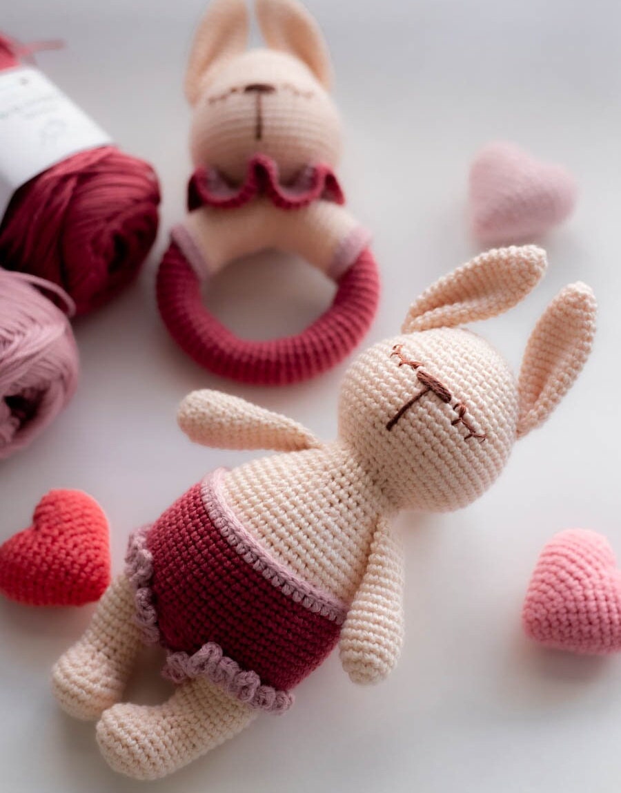 Amigurumi Crochet Bunnies - Crochet Toy and Rattle. Crochet Pattern in PDF