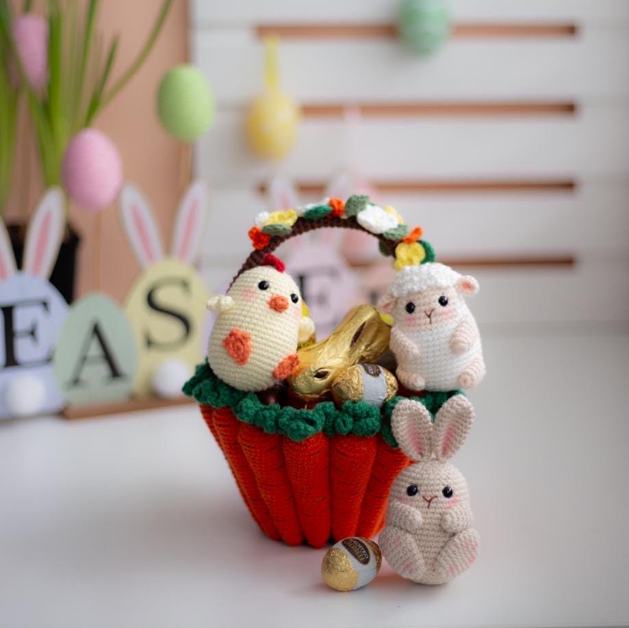 Amigurumi Crochet Easter Basket with Bunny, Sheep & Chicken. Crochet Pattern in PDF