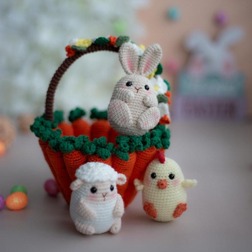 Amigurumi Crochet Easter Basket with Bunny, Sheep & Chicken. Crochet Pattern in PDF