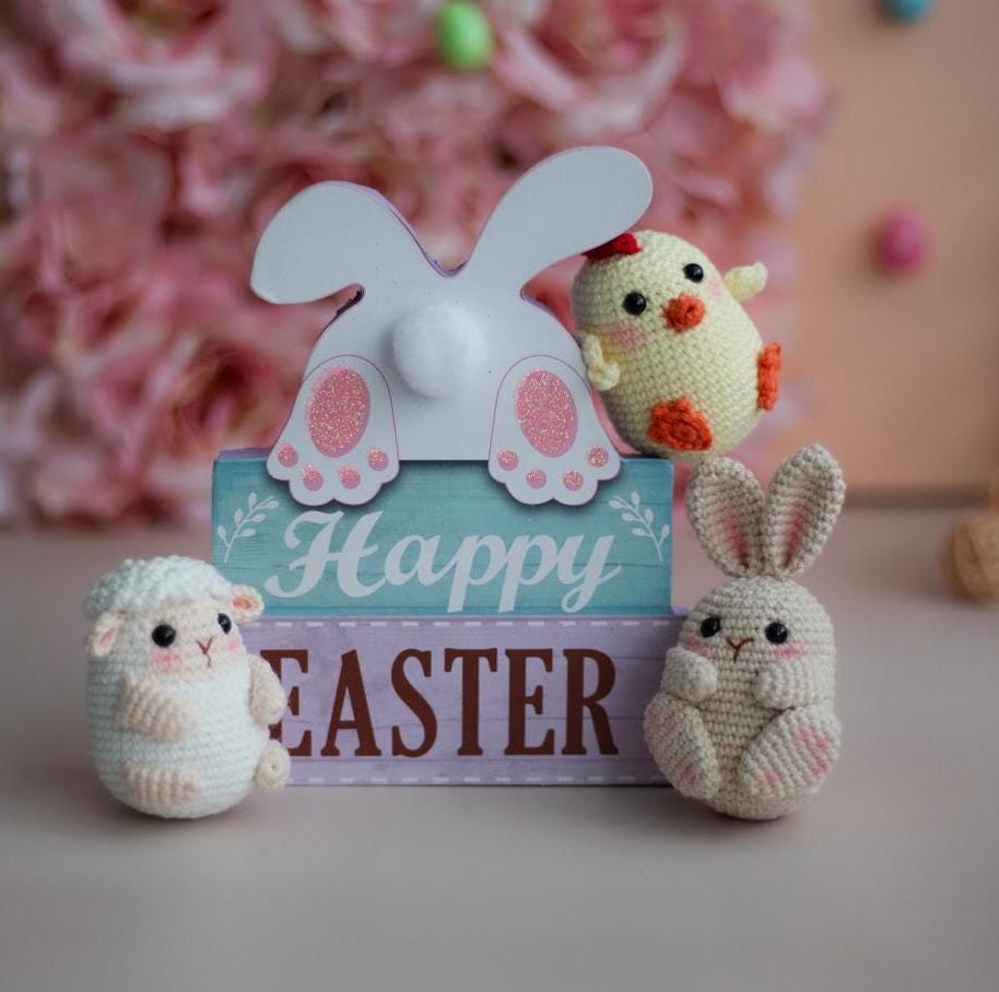 Amigurumi Crochet Easter Bunny, Sheep, Chicken. Crochet Pattern in PDF