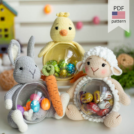 Amigurumi Crochet Easter Bunny, Sheep and Chicken. Crochet patterns in PDF
