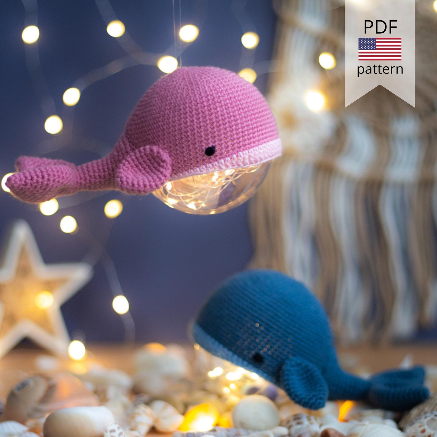 Amigurumi Crochet Whale. Crochet Night Light. Crochet Pattern in PDF