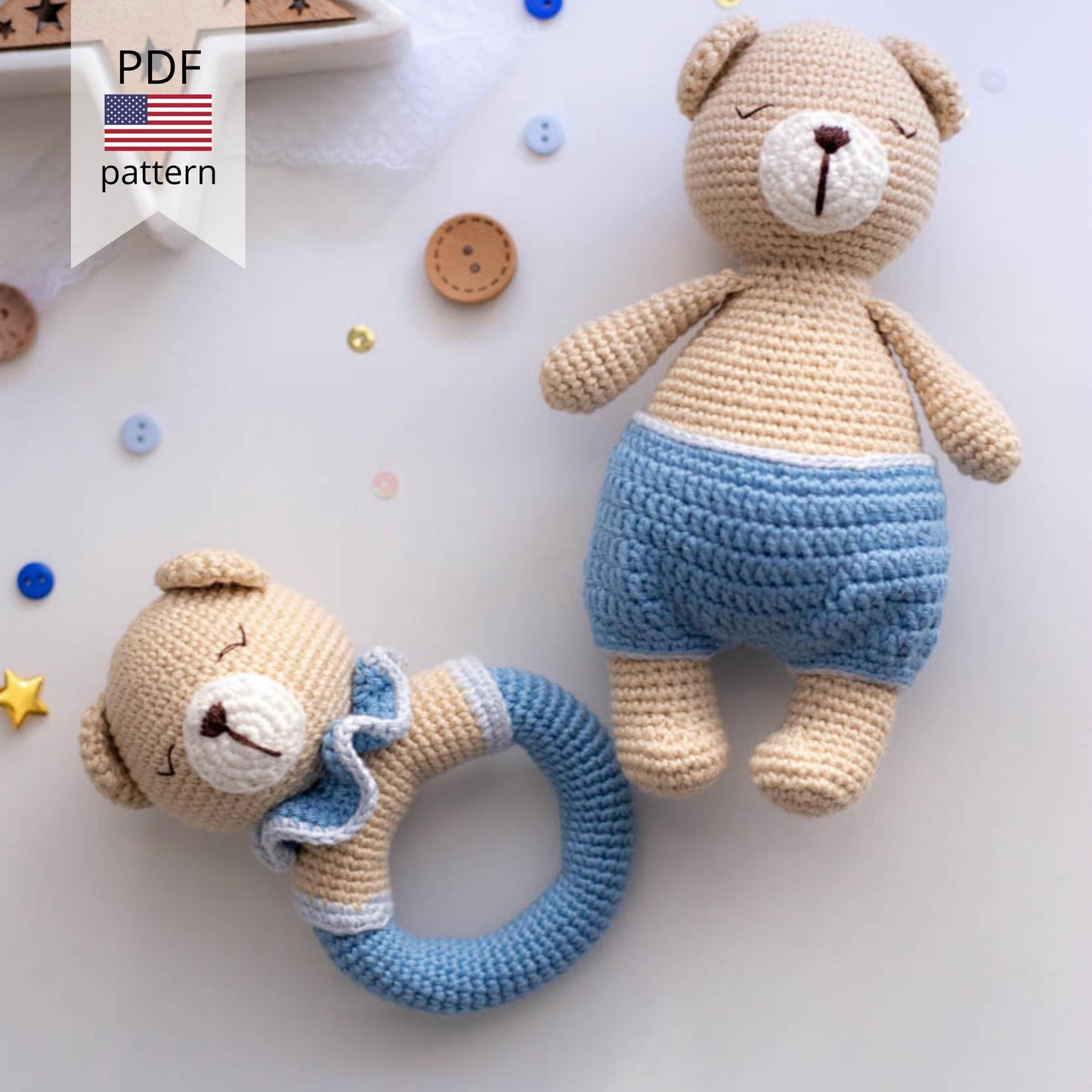 Amigurumi Crochet Bears - Crochet Toy and Rattle. Crochet pattern in PDF